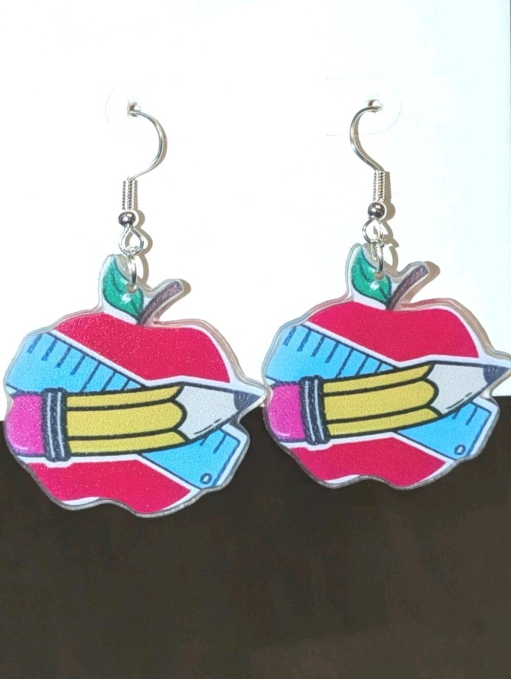 Hand Crafted Women/Kids Red Apple & Pencil Dangle Earrings - Picture 3 of 7